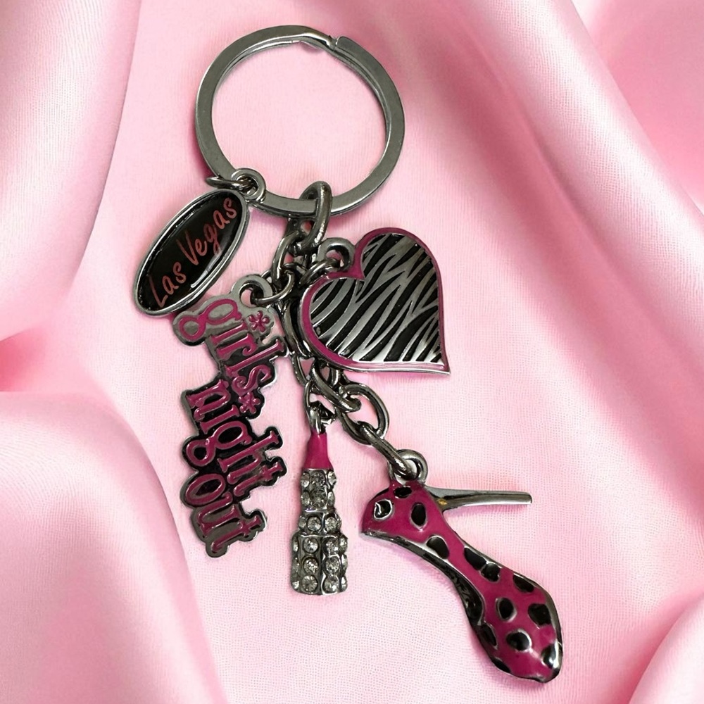 Las Vegas Girls Night Out key chain Silver tone Heart/Heel/Lipstick